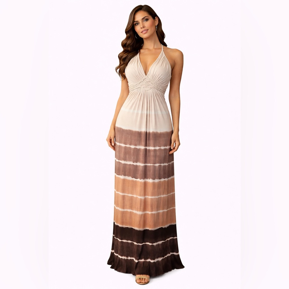 SKY Brand Maxi Dress M Soft Brown Tie Dye Braid Trim Stretch Long NEW - Picture 13 of 13